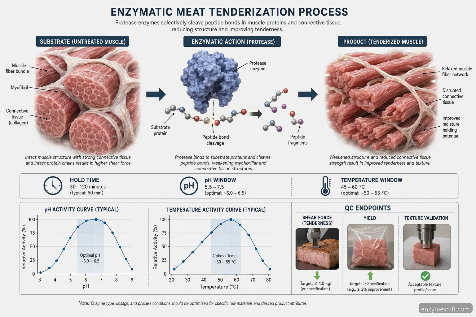 industrial meat tenderizer enzyme meat tenderization mechanism showing protease action, pH, temperature, and QC checkpoints