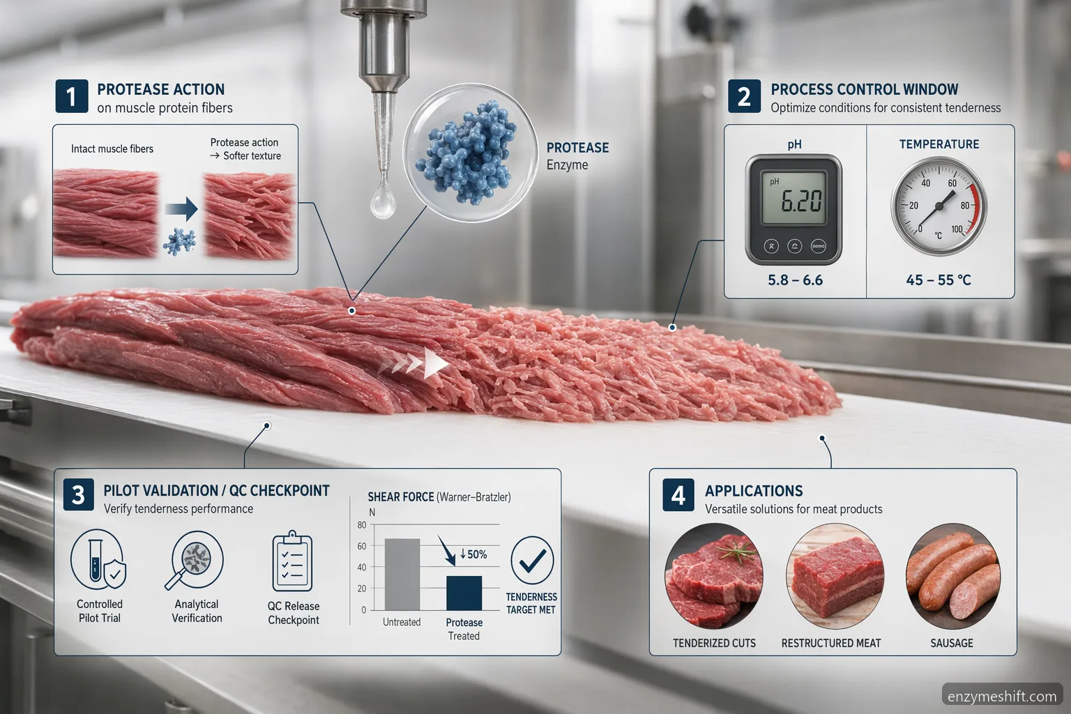 industrial meat tenderizer enzyme meat tenderization guide with protease, process controls, QC, and cost-in-use icons