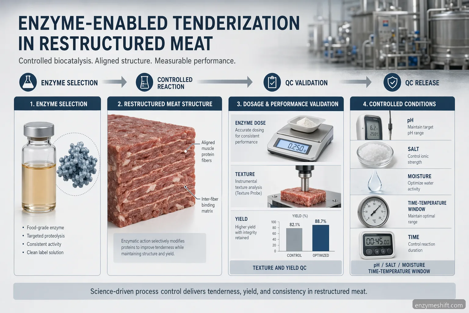industrial restructured meat enzyme meat tenderization guide showing dosage, pH, salt, moisture, time, and QC controls