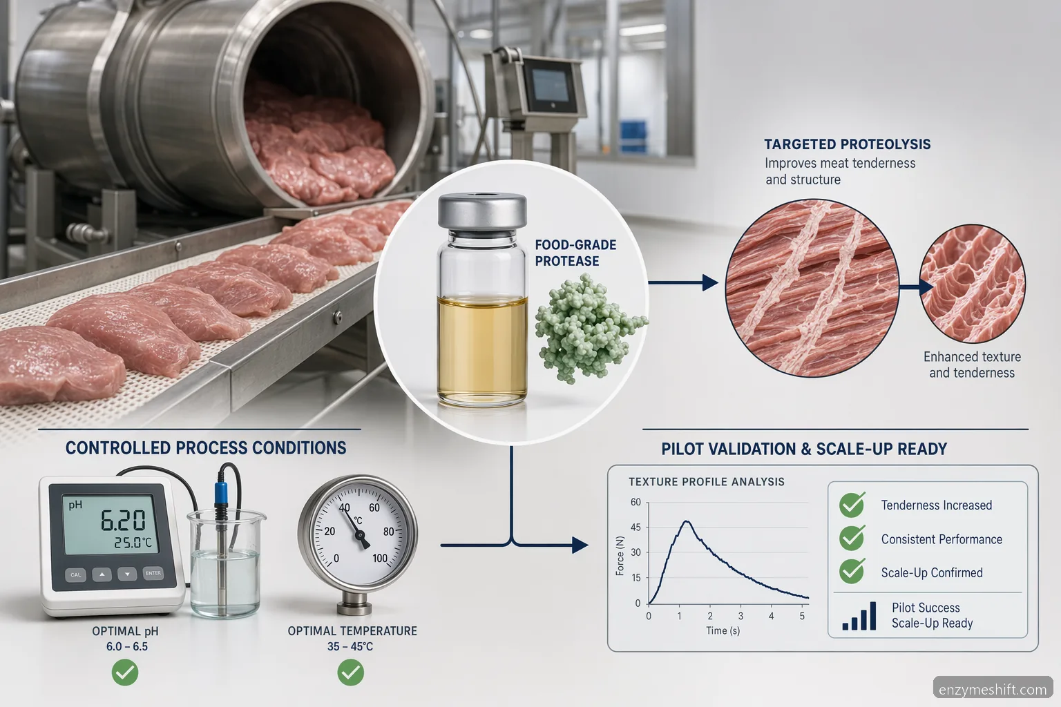 meat processing enzymes for meat tenderization process guide, infographic of enzyme selection, dosing, and QC