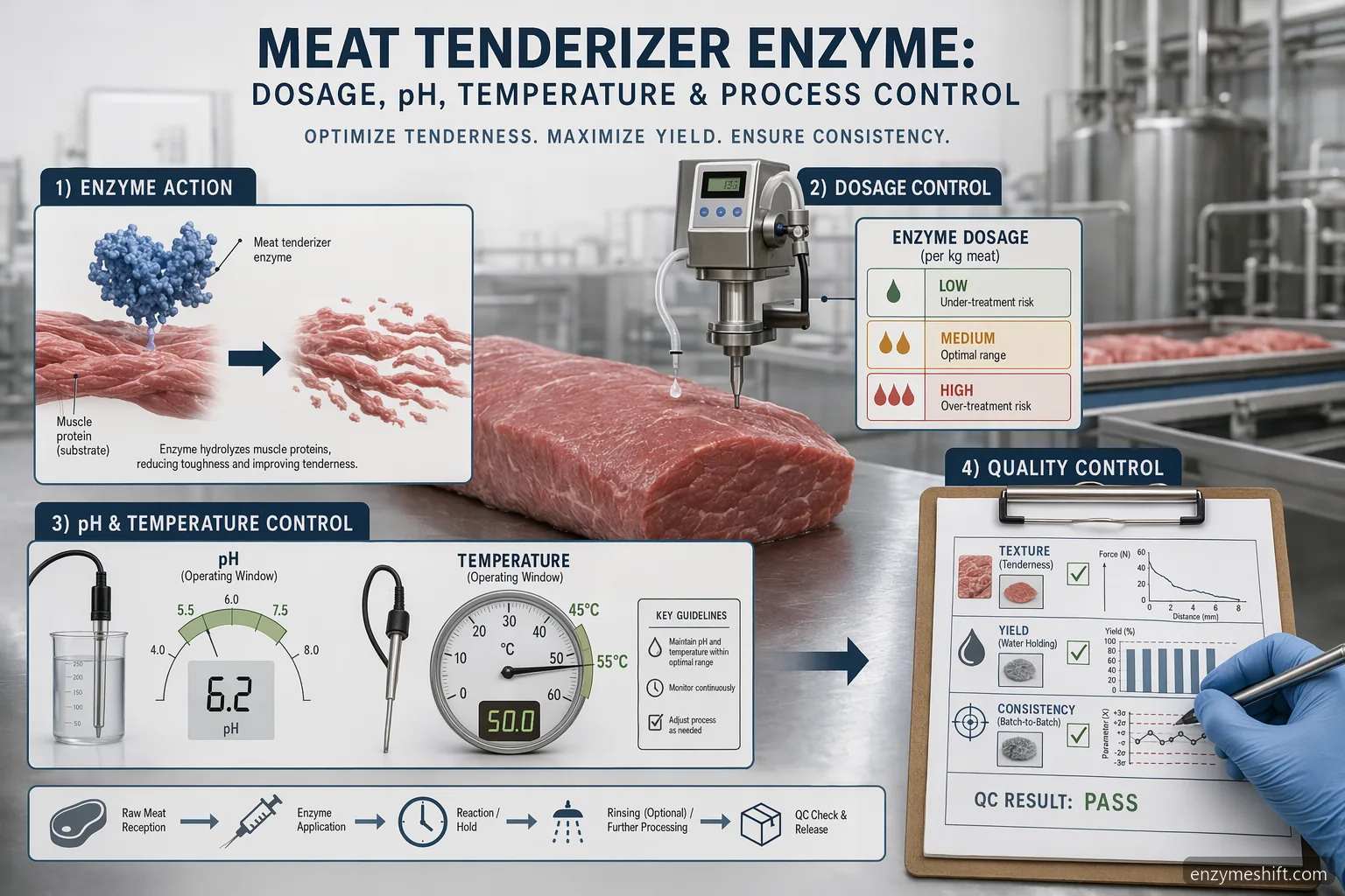 meat tenderizer enzyme for meat tenderization dosage, pH, and temperature guidance with QC icons