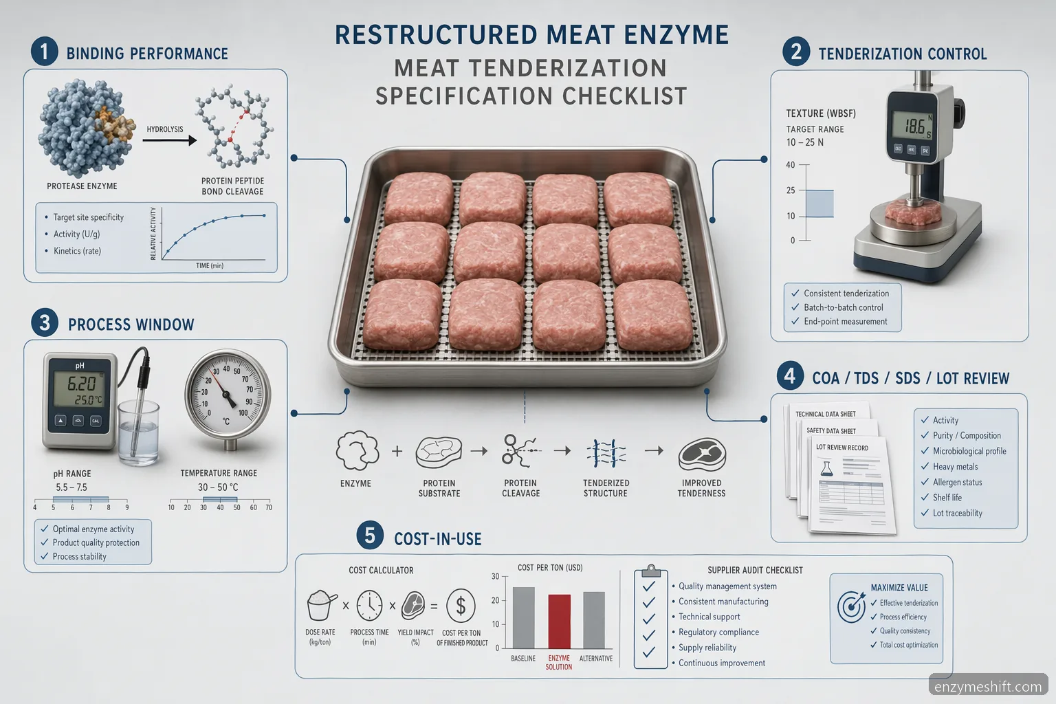 restructured meat enzyme for meat tenderization specification checklist compares performance, process fit, documents, and cost